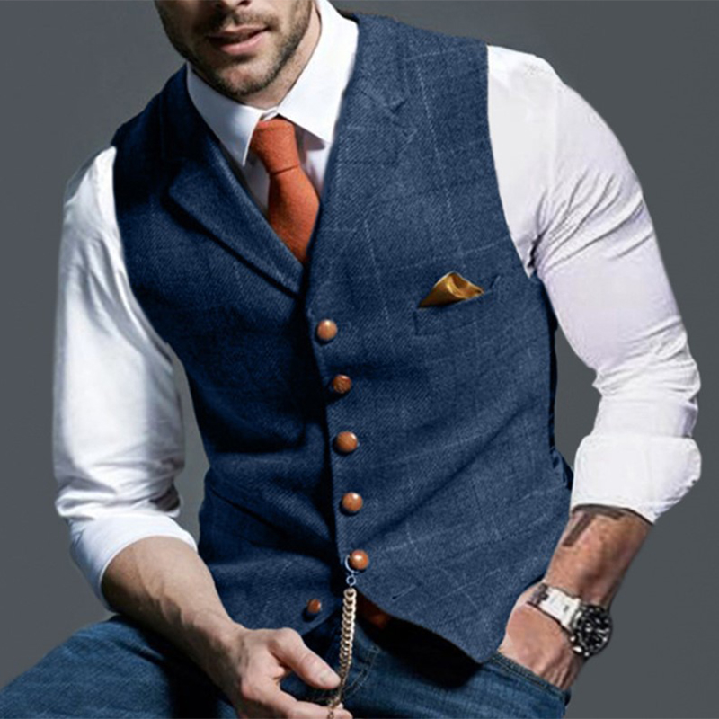 男性のためのファッショナブルなツイードチェッカーネックベスト - Formal Waistcoat Vest のレビューと価格