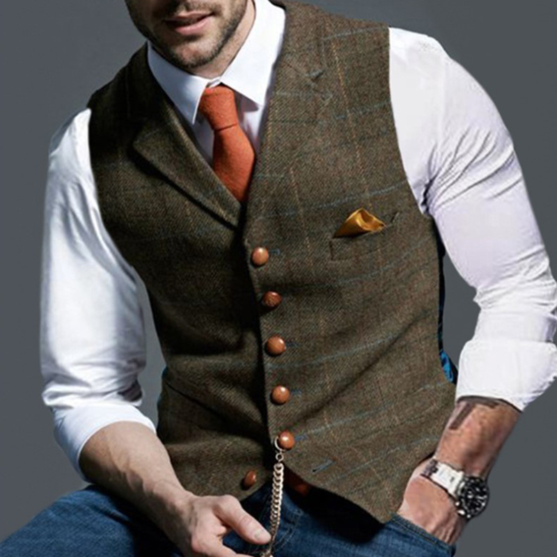男性のためのファッショナブルなツイードチェッカーネックベスト - Formal Waistcoat Vest のレビューと価格