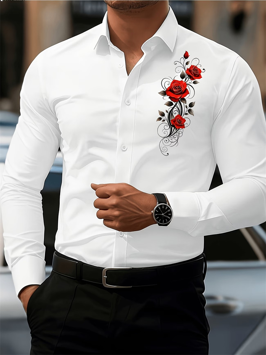 メンズ レッドローズプリント 長袖シャツ、ファッショナブルで - Fashion Mens Shirt のレビューと価格