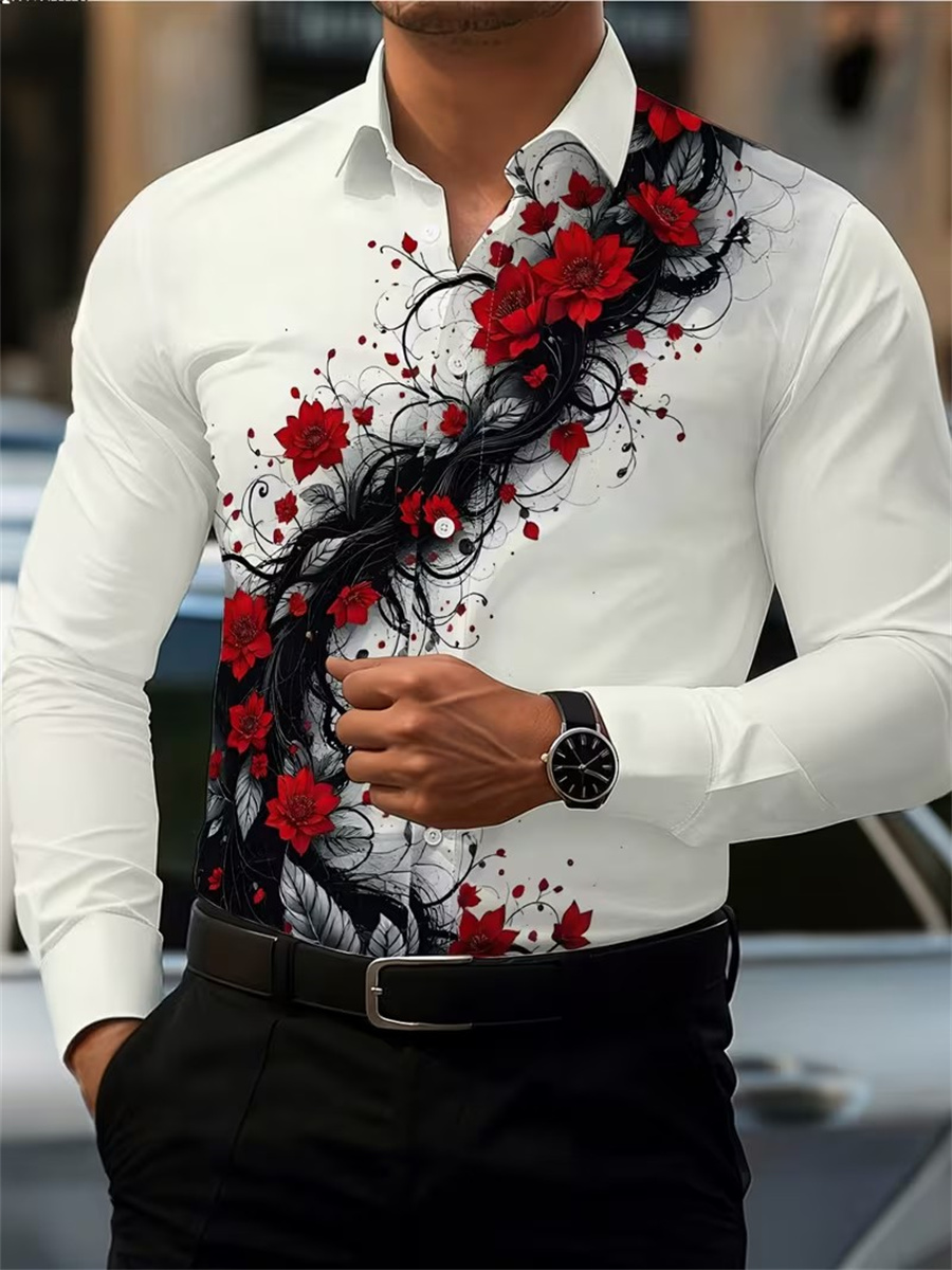メンズ レッドローズプリント 長袖シャツ、ファッショナブルで - Fashion Mens Shirt のレビューと価格