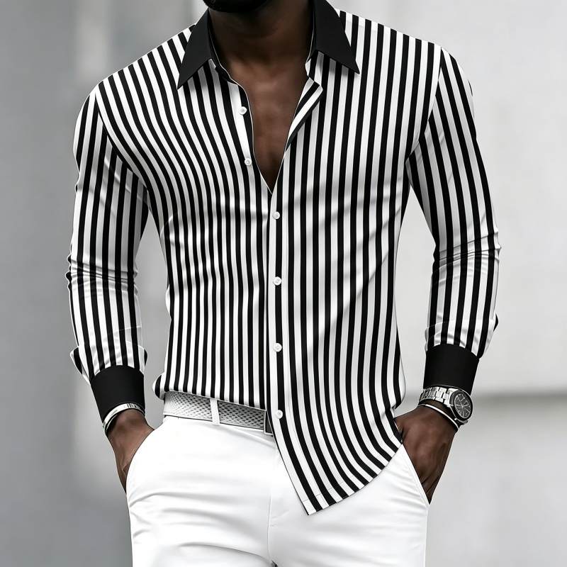 メンズ長袖襟付きシャツ、黒と白の縦縞、コントラストカラーと袖 - Fashion Mens Shirt のレビューと価格